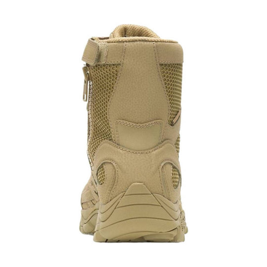 Tan tactical boot shown from the back with mesh side panels and a thick lugged sole