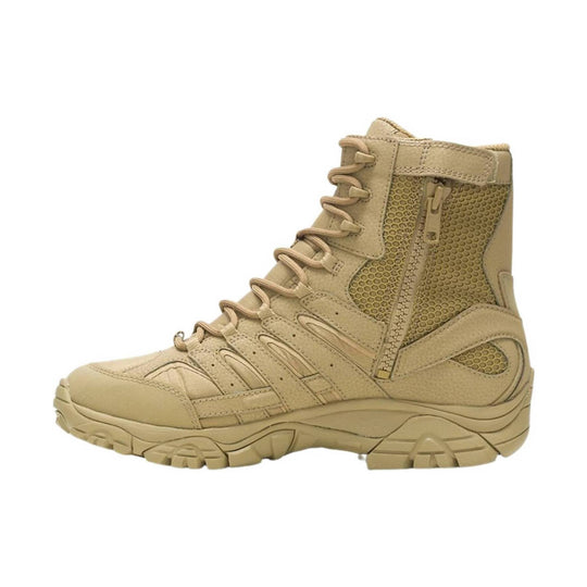 Tan tactical hiking boot with side zipper, mesh panels, and lugged sole
