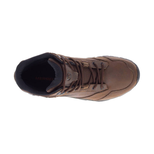 Brown mid-top hiking boot with brown laces and black padded collar, top view