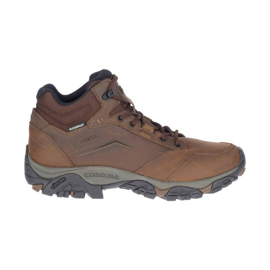 Brown mid-height hiking boot with waterproof label, lace-up front, and black lug sole