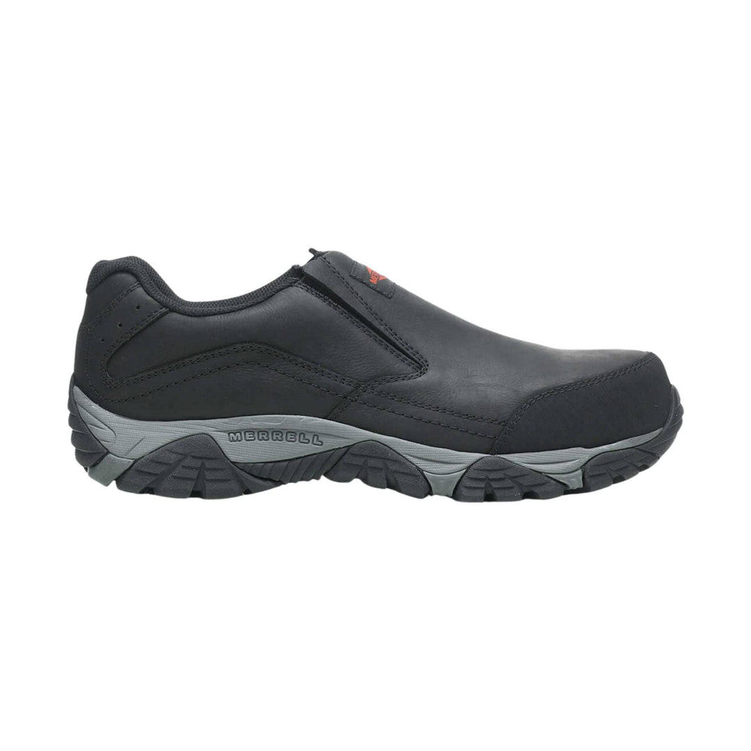 Black slip-on work shoe with gray midsole and rugged tread