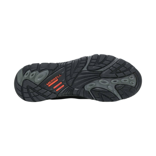 Black lugged shoe outsole with gray traction pods and Merrell branding