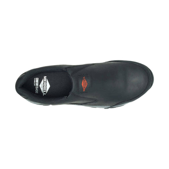 Black slip-on work shoe with visible MERRELL and COMFORTBASE text