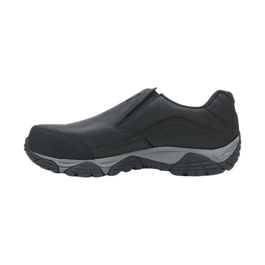 Black slip-on work shoe with carbon toe and rugged gray tread