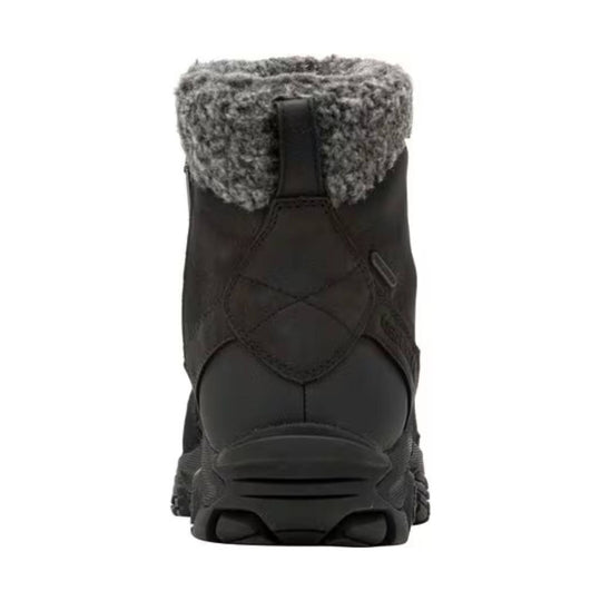 Black mid-calf winter boot with faux-fur cuff and front zipper