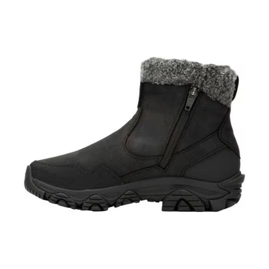 Black mid-calf winter boot with faux-fur cuff and side zipper
