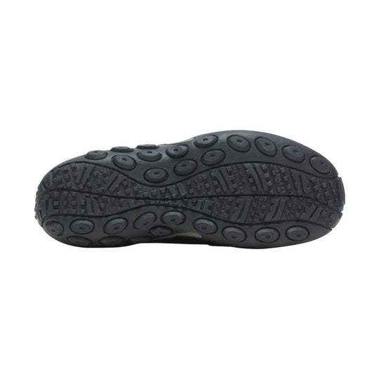 Black shoe outsole with round tread pods and textured traction channels