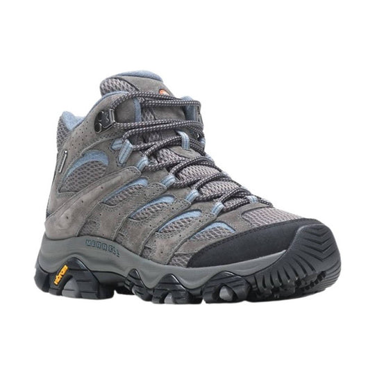 Gray mid hiking boot with mesh panels, bungee laces, and black rubber toe cap