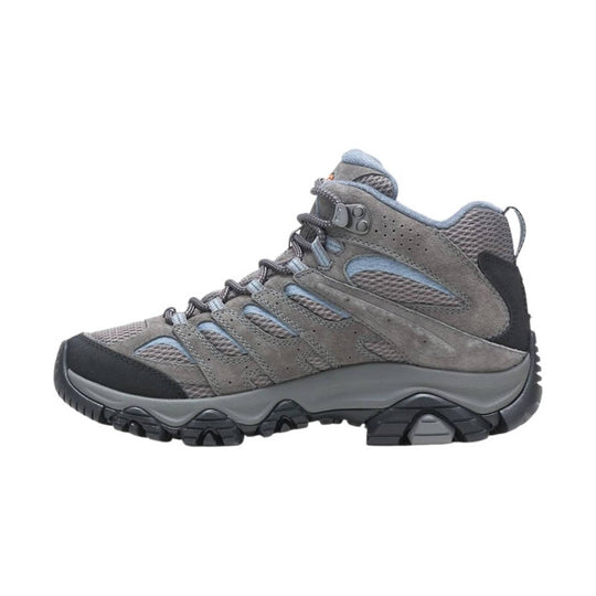 Gray mid-top hiking boot with mesh panels, suede overlays, and black toe and heel accents