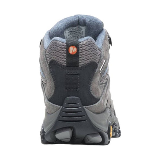Gray mid-height hiking boot shown from the back with a black heel panel, mesh upper, and lugged sole
