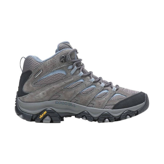Gray mid-height hiking boot with mesh panels, bungee laces, and black toe and heel caps