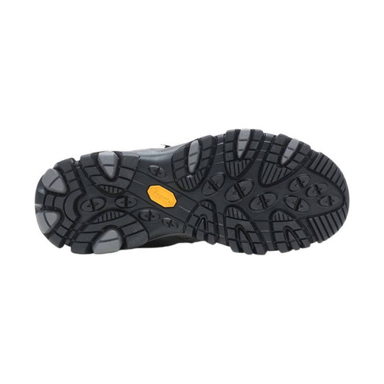 Black hiking boot outsole with deep tread and gray lugs