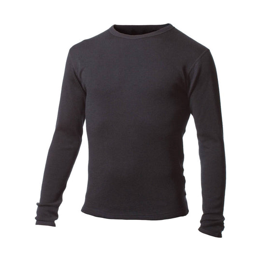 Black long-sleeve crewneck shirt with a fitted silhouette