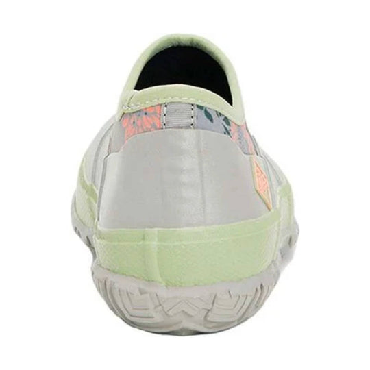 Rear view of a light gray slip-on shoe with pale green trim and floral heel panels