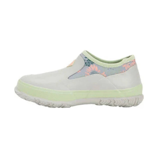 Light gray slip-on shoe with pastel floral trim and pale green sole