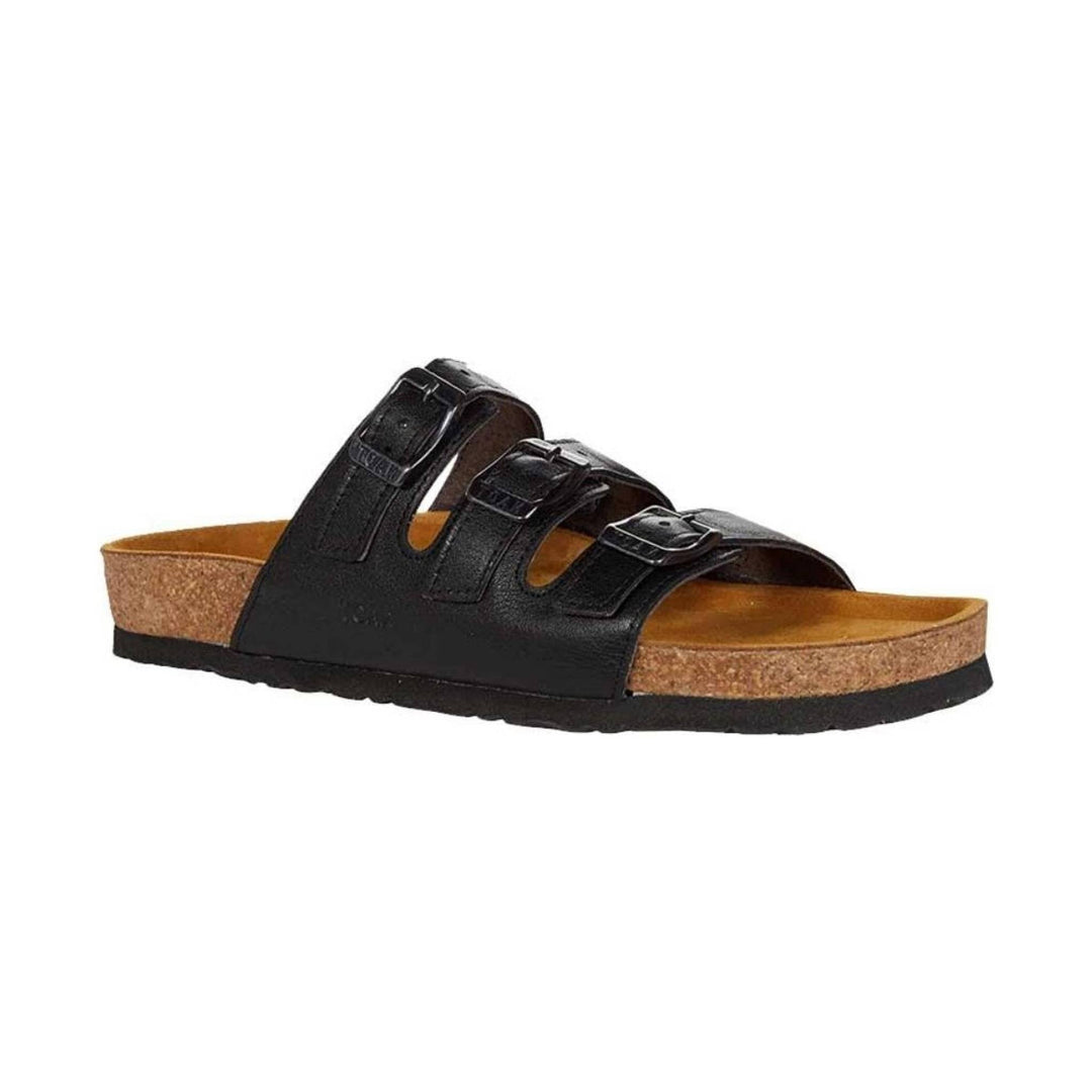 Black three-strap cork footbed sandal with buckles