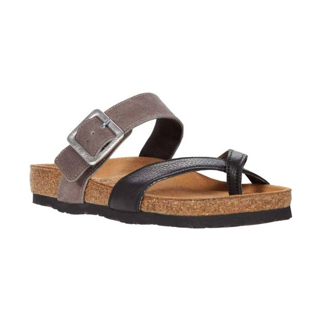 Brown and black two-strap cork sandal with silver buckle