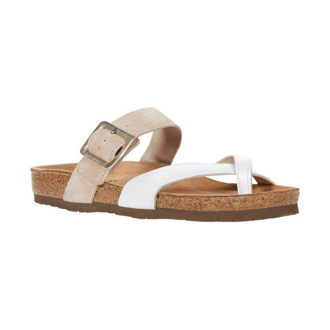 Beige and white cork wedge sandal with crisscross straps and a buckle strap
