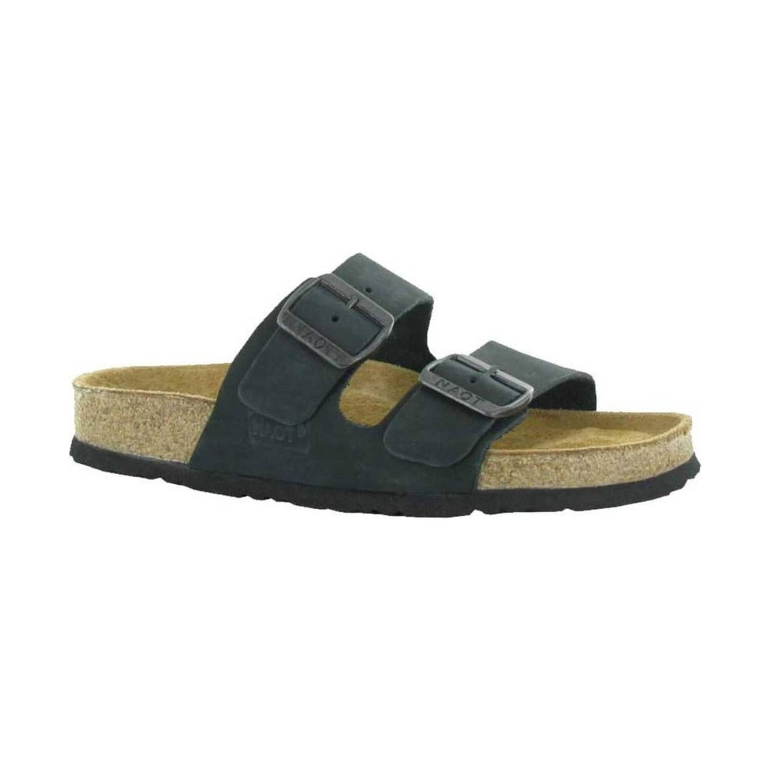 Black two-strap cork footbed sandal with adjustable buckles