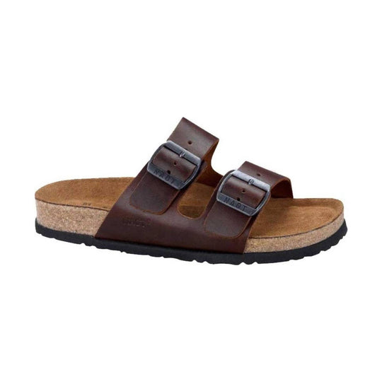 Brown leather double-strap sandal with buckles and cork footbed