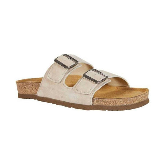 White double-buckle cork wedge sandal with cork footbed