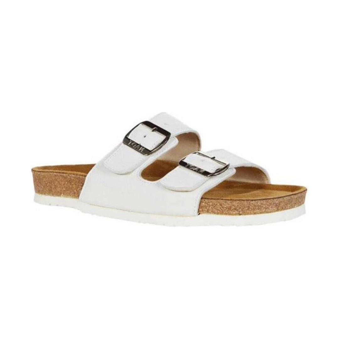 White double-buckle sandal with cork footbed and platform sole