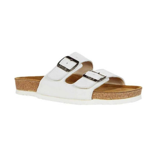 White double-buckle sandal with cork footbed and platform sole