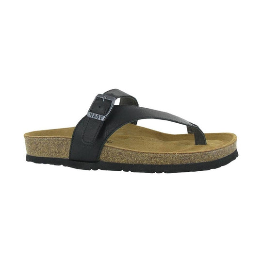 Black thong sandal with a cork footbed and adjustable buckle strap