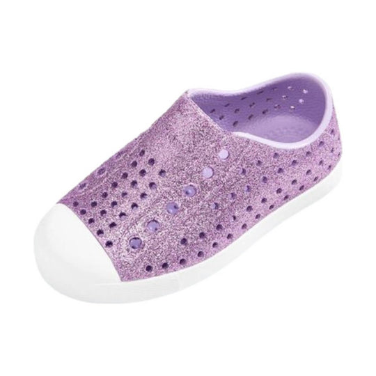 Lavender glitter slip-on clog with perforated upper and white sole