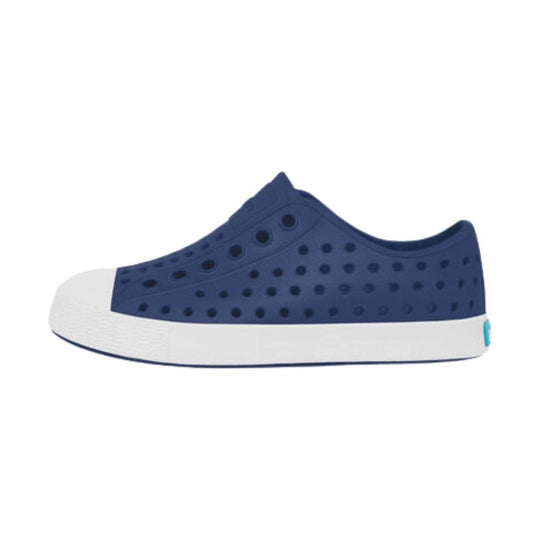 Navy toddler slip-on sneaker with perforated sides, white sole, and a white toe cap