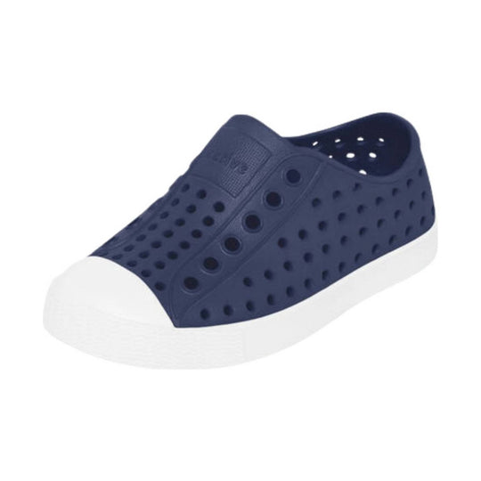 Navy toddler slip-on shoe with perforated upper and white sole