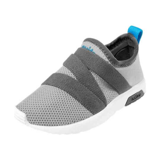 Gray toddler slip-on sneaker with mesh upper, wide elastic strap, and blue pull tab