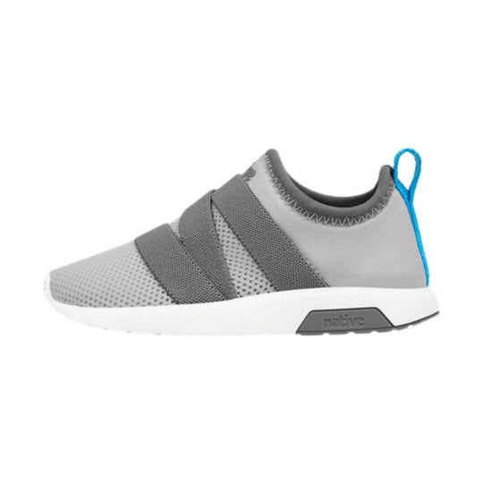 Gray toddler slip-on sneaker with mesh panels, white sole, and blue heel pull tab