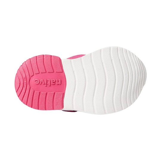 Pink and white toddler sneaker sole with ribbed traction and "native" logo