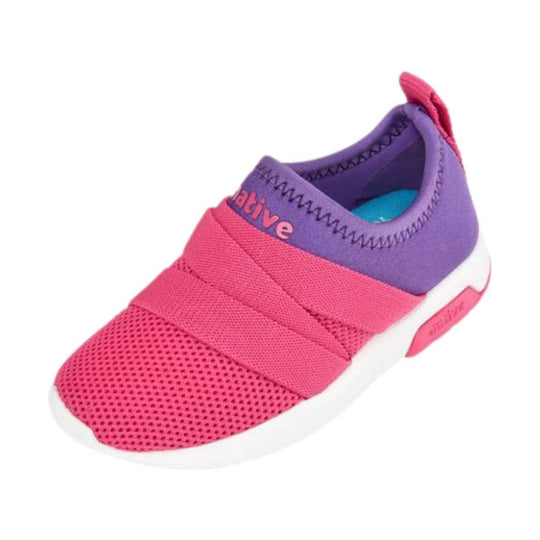 Pink and purple toddler slip-on sneaker with mesh toe, strap overlays, and white sole