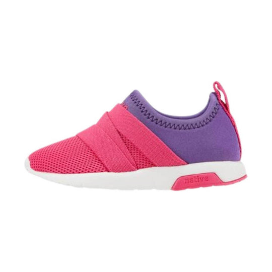 Pink and purple toddler slip-on sneaker with white sole and heel pull tab