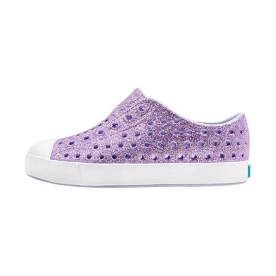 Purple glitter slip-on sneaker with perforated upper and thick white platform sole