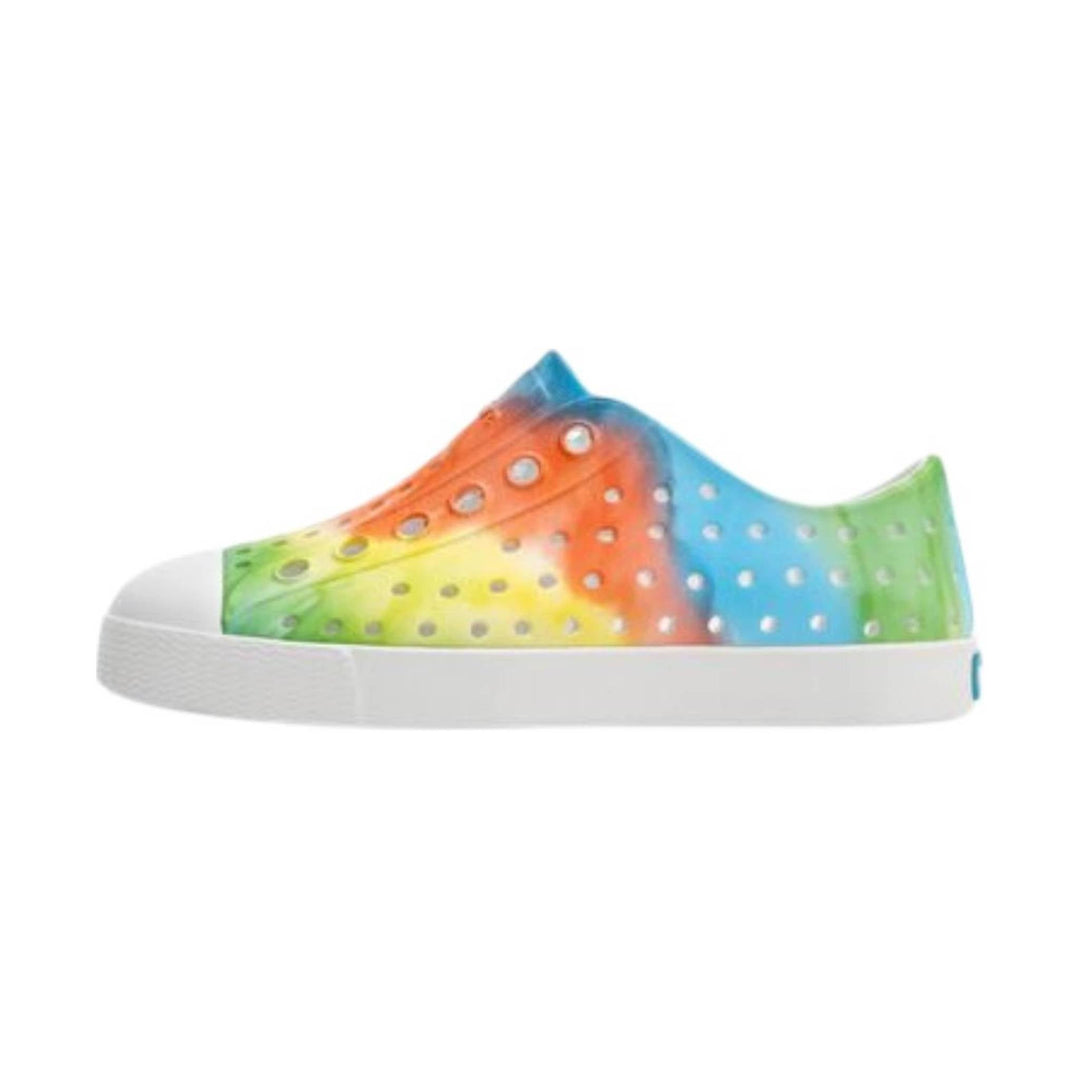 Rainbow tie-dye slip-on sneaker with white sole and perforated upper