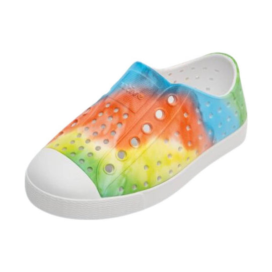 Rainbow tie-dye perforated clog with white sole
