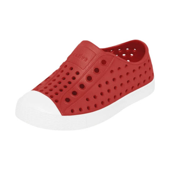 Red perforated slip-on clog with white sole and white toe cap