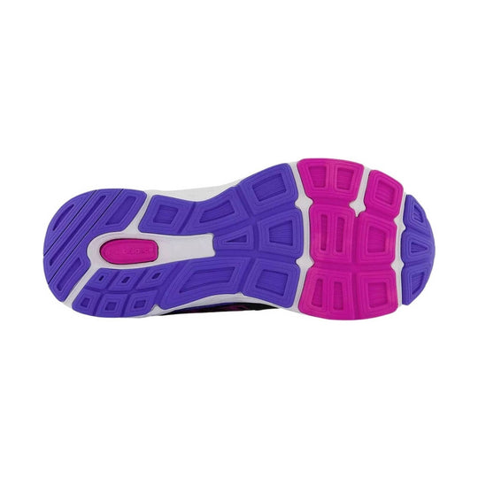Purple and pink sneaker outsole with geometric tread and New Balance logo