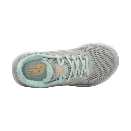 Light gray mesh running shoe with mint trim, mint laces, and visible New Balance logo on the insole