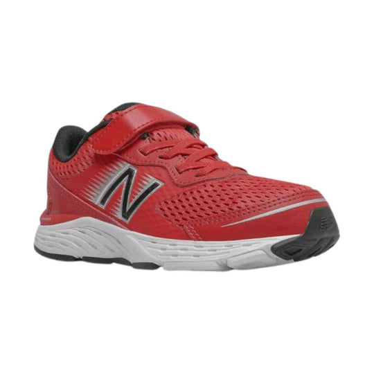 Red and black kids' athletic sneaker with mesh upper, velcro strap, and white sole