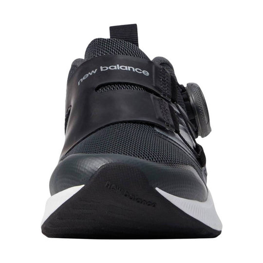 Black athletic shoe with BOA dial closure and white midsole, front view