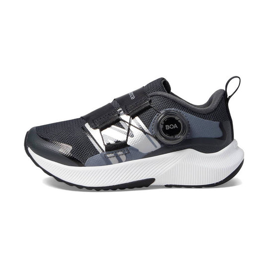 Black and gray kids' athletic shoe with BOA dial, white midsole, and pull loop