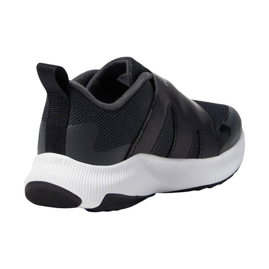 Black athletic sneaker with mesh upper, white textured midsole, and rear pull tab, shown from the back