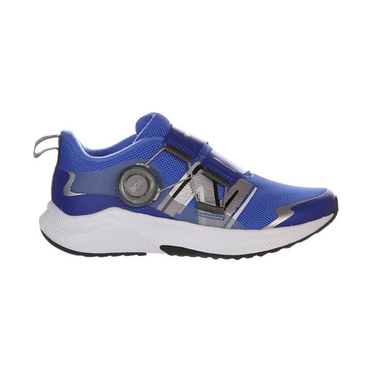 Blue and gray athletic sneaker with a BOA dial closure, mesh upper, and white foam sole