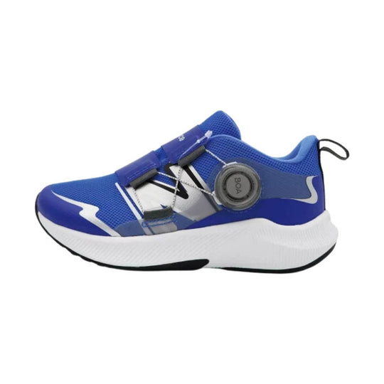 Blue and white kids' athletic shoe with BOA dial closure