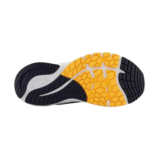 Sneaker outsole with black rubber tread, yellow hexagonal grip sections, and white midfoot support