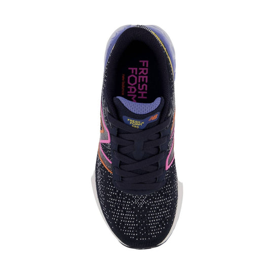 Black running shoe with purple and pink accents, seen from above